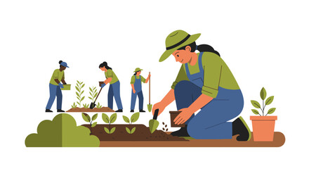 Fototapeta premium Diverse Women Planting Seedlings in Community Garden Illustration - Sustainability and Urban Farming Concept Vector