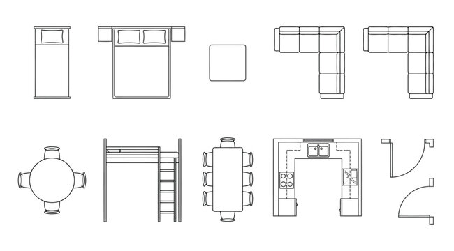 Top view architectural furniture symbols for floor plan design including beds, tables, sofas, kitchen layout and doors