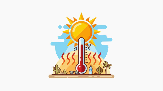 An illustration representing the scorching heat of a desert with a sun, thermometer, and other elements. The thermometer registers high temperatures, and the ground appears dry and heated.