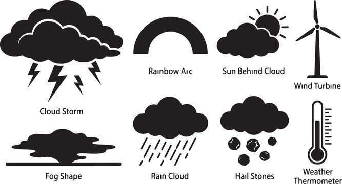 Weather icons, cloud shapes, storm symbols, meteorological signs, black vector graphics