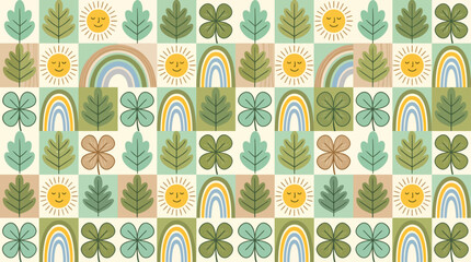 Naklejka premium Cheerful Seamless Pattern featuring Whimsical Suns, Vibrant Rainbows, Lucky Four-Leaf Clovers, and Lush Green Leaves on a Natural Backdrop
