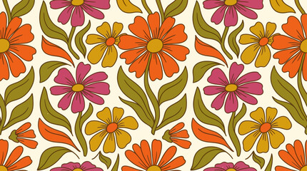 Obraz premium Retro Floral Pattern with Orange and Pink Daisies and Green Leaves on a Cream Background