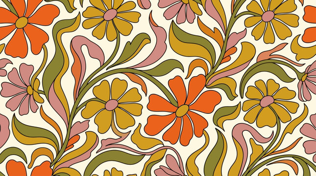 Seamless retro floral pattern with vibrant orange, yellow, and pink flowers, flowing green leaves, and decorative swirls on a cream background, for a groovy nostalgic vintage feel