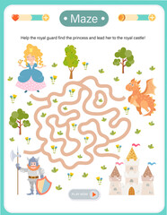 Fairy tale maze game for kids. Help the royal guard find the princess and reach the castle. Educational logic worksheet for children activity book.  © alisa_rut