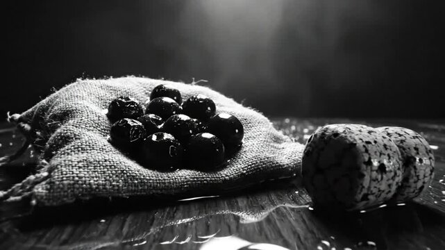 Black and white still life with cherries, burlap sack, and cork against dark background with water droplets