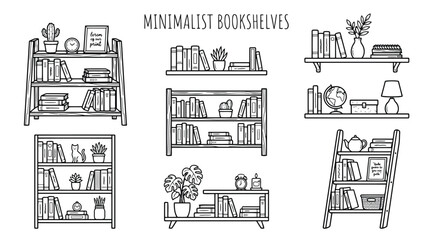 Collection of minimalist bookshelves with books and decor items © Saharia