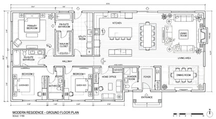 Modern residence ground floor plan with furniture layout and dimensions © S.Siam