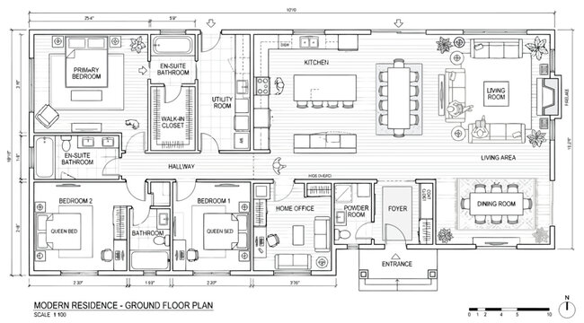 Modern residence ground floor plan with furniture layout and dimensions