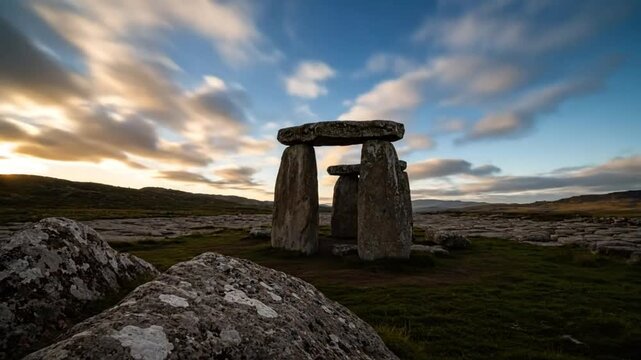 Ancient stone structure on a green field bathed in warm sunlight with wispy clouds during sunrise or sunset