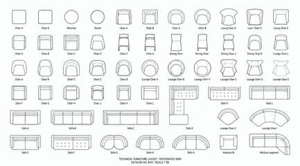 Fototapeta premium Technical furniture layout symbols set for architectural floor plans