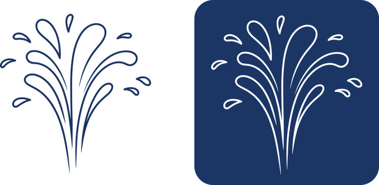 Water fountain splash set, blue outline and white shape on dark blue square background