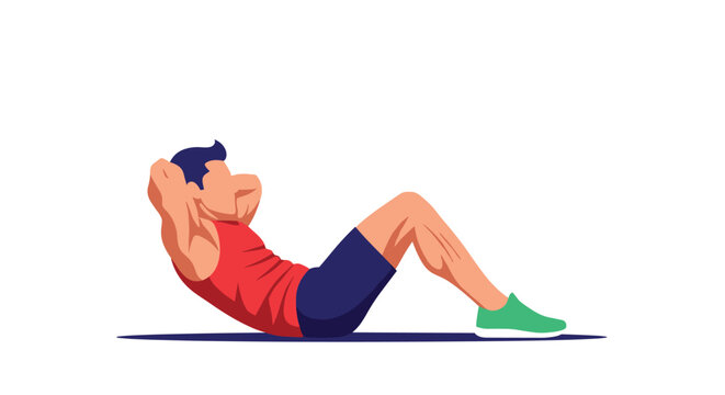Fitness illustration shows a man in a red tank top and blue shorts performing core exercises or sit-ups on a mat.