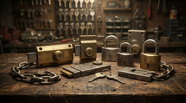 Assortment of Vintage Brass Security Locks and Keys Displayed on Wooden Surface