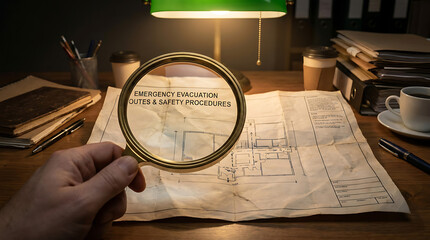 Fototapeta premium Hand holding magnifying glass over emergency evacuation routes and safety procedures blueprint