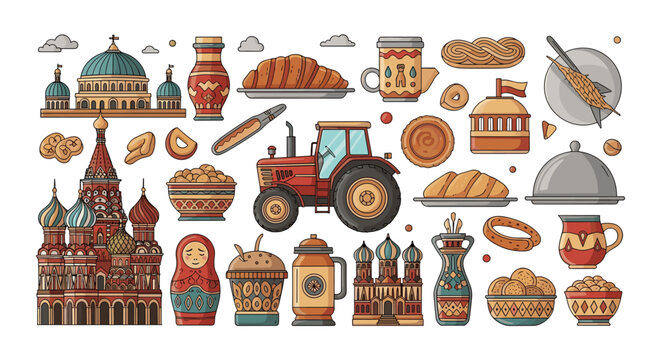 Diverse collection of Russian culture icons includes the Kremlin matryoshka dolls bread tractor and pottery items.