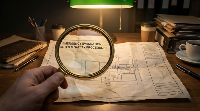 Hand holding magnifying glass over emergency evacuation routes and safety procedures blueprint