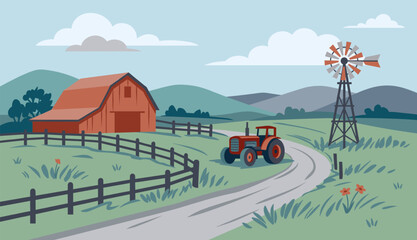 Rural farm scene with barn tractor windmill monta a casa de campo countryside agriculture windmill landscape illustration hacienda © Stock4line