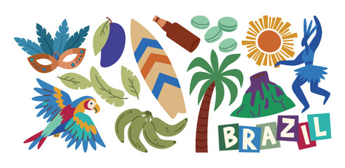Brazilian culture and travel icons collection with palm tree south america carnival surfboard illustration tropical collection carnaval papagaio © Stock4line