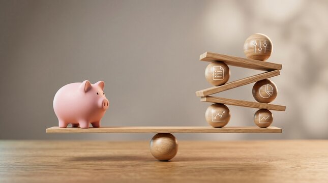 Financial Equilibrium: A visual metaphor of balance and stability, a delicate scale with a pink piggy bank on one side and a structure of wooden blocks and balls on the other.