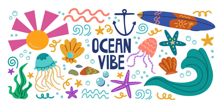 Ocean vibe illustration with summer beach elements surfboard jellyfish starfish seashell illustration tropical vacation