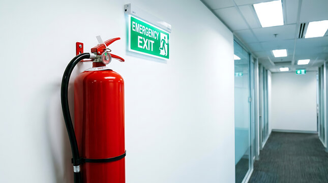 Red fire extinguisher mounted on a white wall next to a bright green emergency exit sign in a modern building corridor
