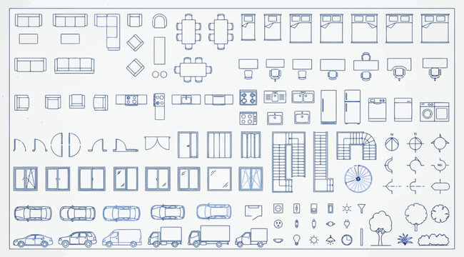 Comprehensive set of architectural symbols for floor plan, top view, furniture, appliances, stairs, cars, and landscaping