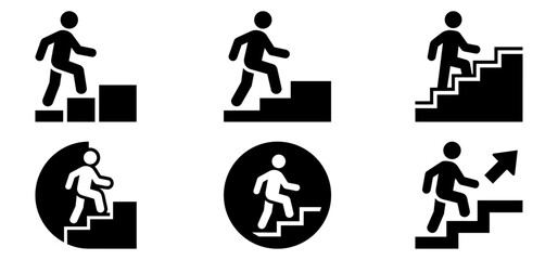 Person walking up stairs icon set for career progress and personal growth © Rani