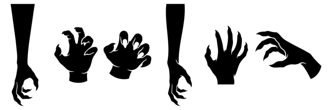 Set of scary monster hand silhouettes with sharp claws for halloween and horror design