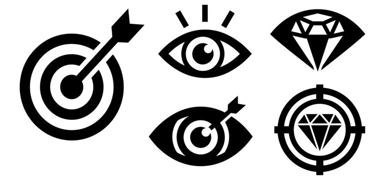 Focus target vision and diamond accuracy icon set black vector silhouettes