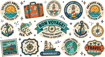 Travel sticker set featuring lighthouses vintage luggage compasses anchors and globe art © MdImran