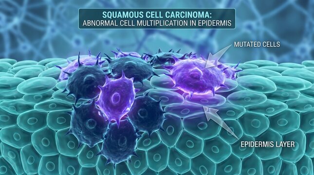 3D medical illustration of squamous cell carcinoma showing abnormal mutated cells multiplying in the epidermis layer.