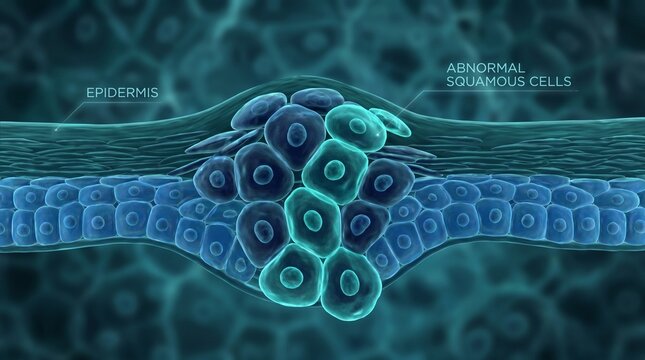 3D medical illustration of squamous cell carcinoma showing abnormal mutated cells multiplying in the epidermis layer.