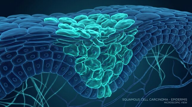 3D medical illustration of squamous cell carcinoma showing abnormal mutated cells multiplying in the epidermis layer.