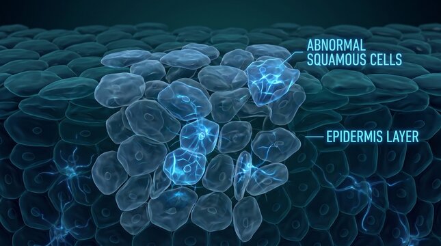 3D medical illustration of squamous cell carcinoma showing abnormal mutated cells multiplying in the epidermis layer.