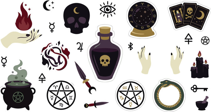 Witchcraft stickers set with occult magic symbols cauldron tarot cards and mystical skull