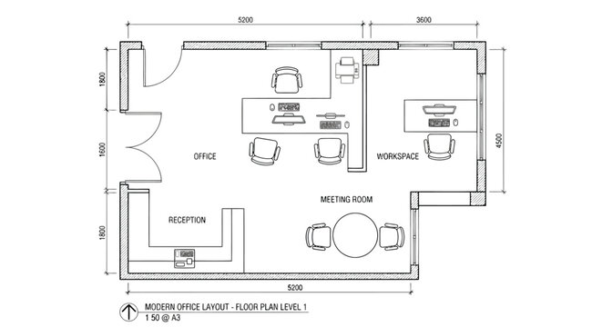 Modern office floor plan layout with furniture