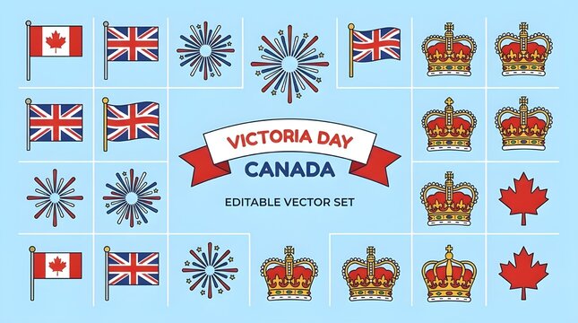 Victoria day canada vector illustration with flags crowns and maple leaves