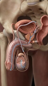 Procreative male anatomy: sperm navigation, human reproduction, internal view, seminal fluid, testicle function, ejaculate process, pelvic structure, vas pathway.