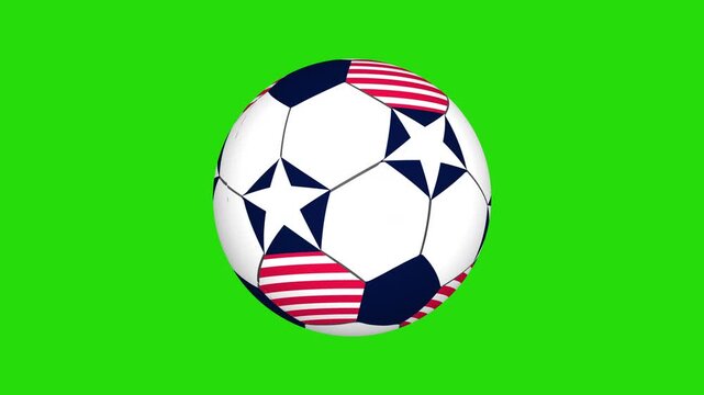 soccer ball football with an American team USA ( United States of America ) theme stars and stripes pattern design slowly revolving in the centre of frame on its axis 4K sports presentation graphic