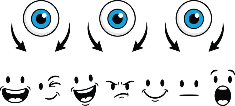 Cartoon eye movement directions and facial expressions set with emoji style faces for animation and character design