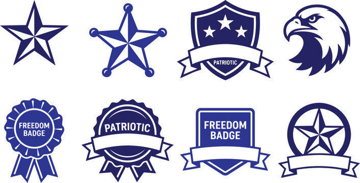Patriotic blue icons with stars eagles and freedom badges.