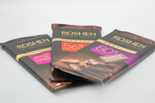 Three bars of Roshen true dark chocolate assortment closeup.