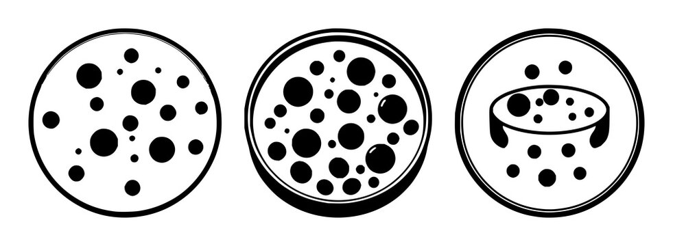 Petri dish set with solid black icon on white background featuring cell culture, laboratory, biology with microscopy and research