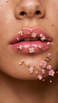 Close-up of a person's glossy pink lips adorned with delicate pink cherry blossoms and floral art, natural skin texture with freckles, beauty and skincare concept.