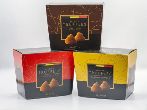 Assortment of Belgian Truffles in Extra Dark, Coffee, Caramel flavors.