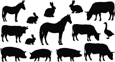 Collection of farm animal silhouettes including horse cow pig rabbit donkey and goose isolated on white background © MostMeskatun