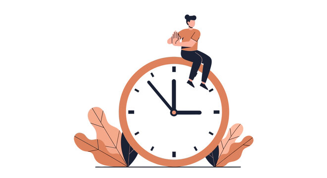 Woman Sitting on a Clock Making Stop Gesture for Time Management and Deadline Concept