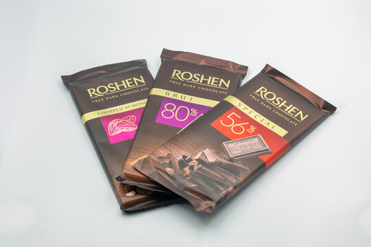 Three bars of Roshen true dark chocolate assortment closeup.