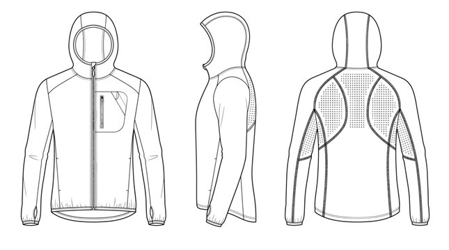 Trail running jacket technical drawing blueprint with front side back and top views CAD line art vector illustration