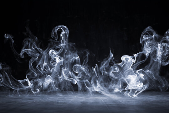 Mystical mist. Swirling smoke in dark and light symphony. Fluid fantasia. Abstract fog and light on floor with black background